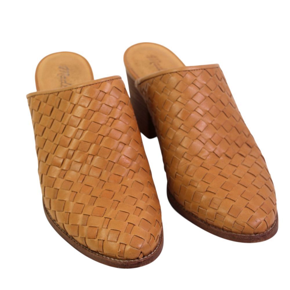 Madewell BRAIDED BROWN REAL LEATHER MID HEEL ROUND TOE SANDALS MULES SHOES 7.5